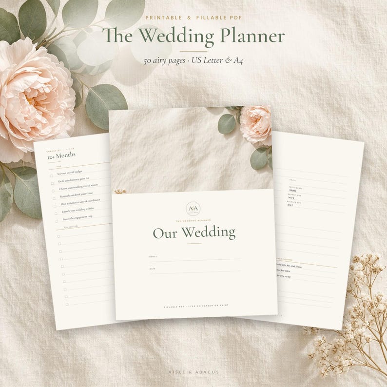Printable Wedding Planner Binder, 50 Page Fillable PDF Wedding Planning Book with Checklist, Budget and Guest List, US Letter & A4 image 1