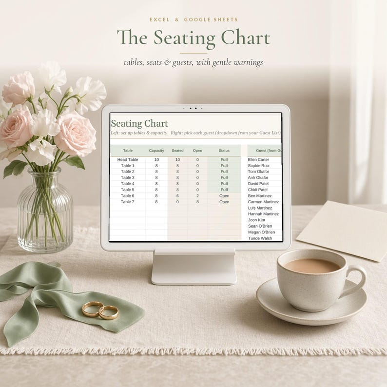 Wedding Seating Chart Template, Table Seating Plan Spreadsheet for Excel & Google Sheets, Alphabetical Escort Card List, Table Planner image 1