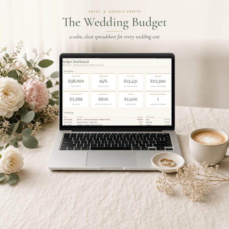 Spreadsheet en sjabloon voor een trouwbudget in Excel en Google Sheets, budgettracker voor bruiloften, onkosten- en betalingsplanner, kostenberekening afbeelding 1