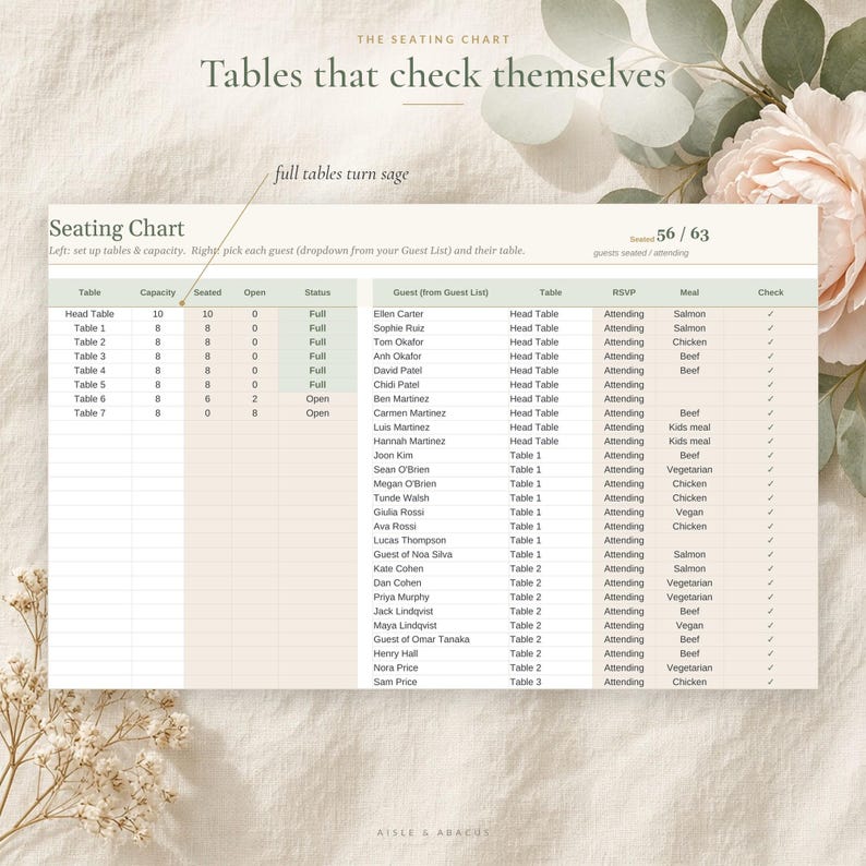 Wedding Seating Chart Template, Table Seating Plan Spreadsheet for Excel & Google Sheets, Alphabetical Escort Card List, Table Planner image 2
