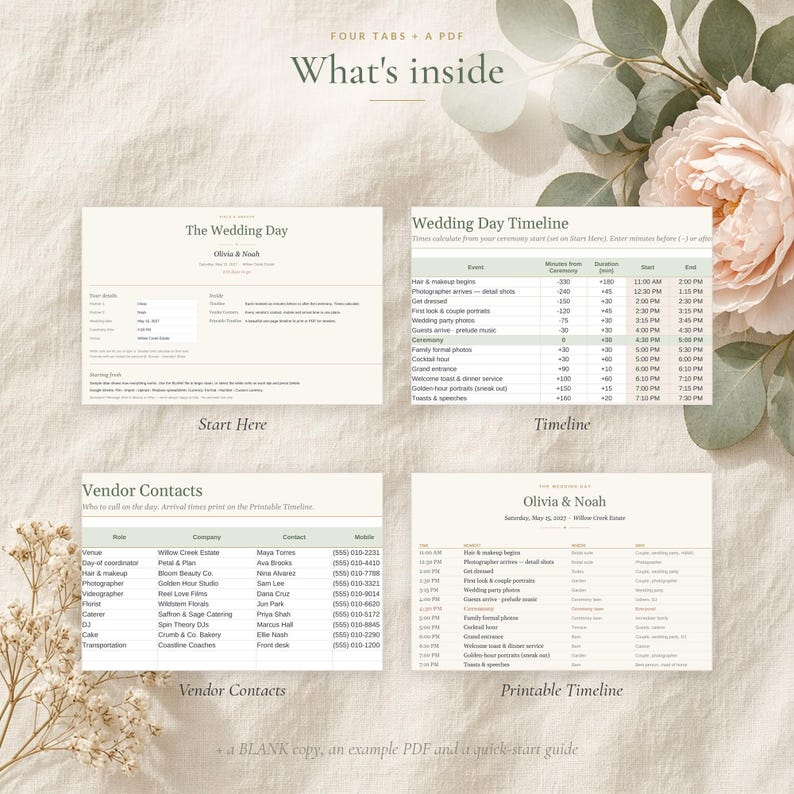 Wedding Day Timeline Template, Printable Wedding Itinerary and Schedule, Vendor Contact Sheet, Excel & Google Sheets Day of Timeline image 5