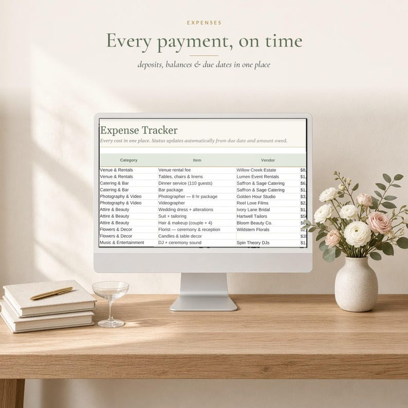 Spreadsheet en sjabloon voor een trouwbudget in Excel en Google Sheets, budgettracker voor bruiloften, onkosten- en betalingsplanner, kostenberekening afbeelding 4