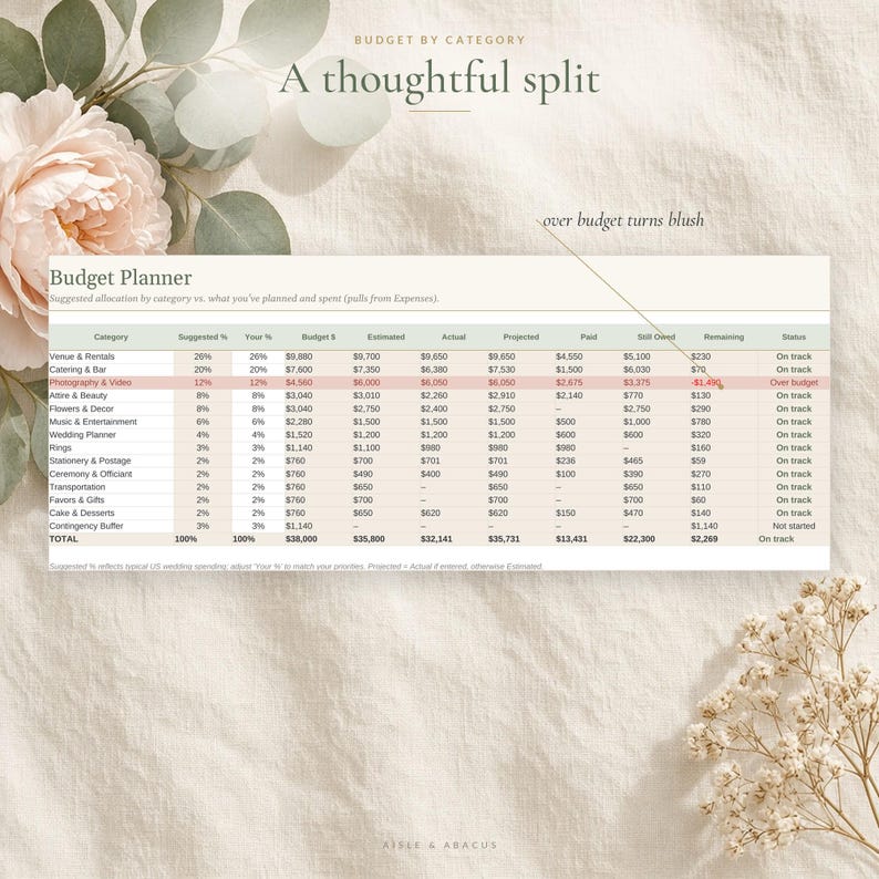 Spreadsheet en sjabloon voor een trouwbudget in Excel en Google Sheets, budgettracker voor bruiloften, onkosten- en betalingsplanner, kostenberekening afbeelding 3
