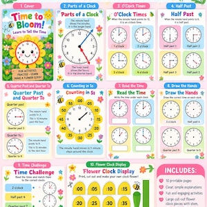 May include: A 10-page printable activity pack titled Time to Bloom! Learn to Tell the Time, featuring colorful illustrations of bees and flowers. It includes educational worksheets for reading analogue clocks, counting in 5s, and a DIY flower clock.