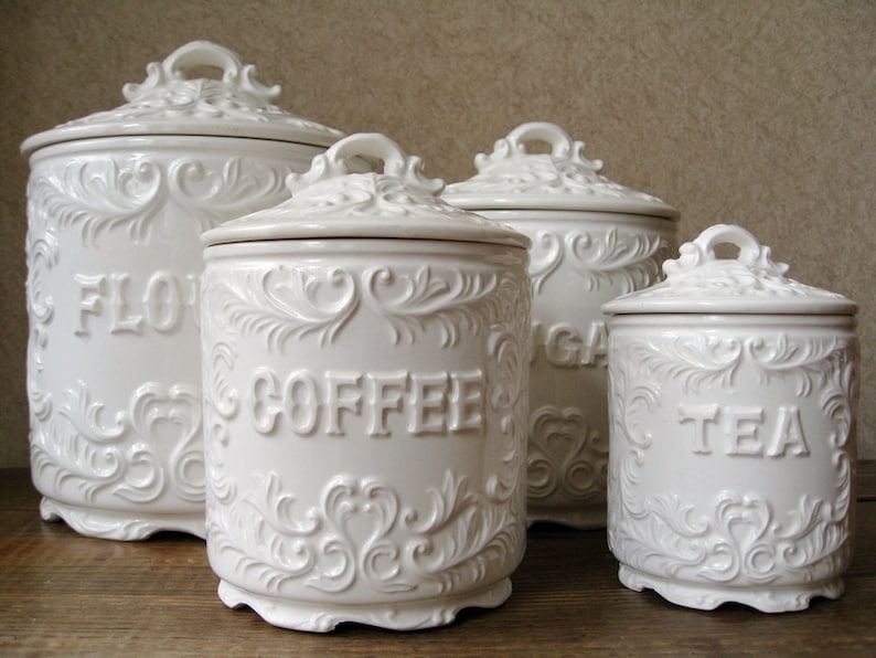 Vintage canister set Antique white with ornate details Etsy