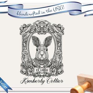 Vintage Rabbit Large 2&quot; x 3&quot; EX LIBRIS: From the Library of Customized Book Stamp, Personalized Stamp, Book Plate Stamp, Perfect Gift (2142)