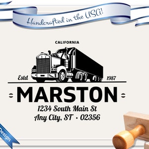 Trucking, grote vrachtwagen, semi | Stempel retouradres | Aangepaste adresstempel | Zelfinktend | Adresstempel | Gepersonaliseerde cadeau | Stijl 1923