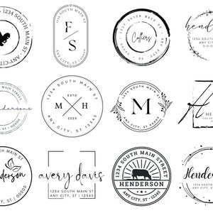 Gepersonaliseerde retouradresstempel hout of zelfinktende circulaire moderne zakelijke familie bruiloft stempel aangepaste postzegels | Kies uit 30 ontwerpen