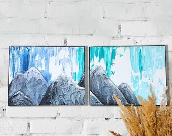 Blue Mountain Range Painting - Original Acrylic Landscape Art Abstract 8 x 20