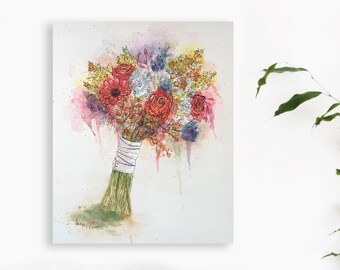 Wildflower Bouquet Watercolor Painting – Original Art on Wood Canvas (8x10)