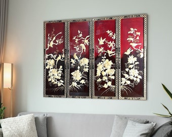 Vintage Mother of Pearl Shell Birds Lacquered Wall Art Set, Red and Black Panel Wall Hangings, MCM Framed Oriental Art,Carved Shells Nature