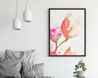 Spring Art Pink Flower Painting - Orange Tulip Print - Watercolor Flower Nursery Art Fuchsia Orange Red Giclee Print