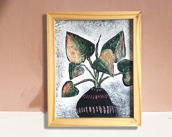 Upcycled Art - Small Plant Painting in Wood Frame, Modern Still Life of Plant, Philodendron in Black Vase