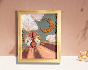 Sun and Moon Art w/ Embroidered Flowers, Small Boho Painting in Wood Frame, Original Celestial Artwork, Sun Moon and Stars Decor