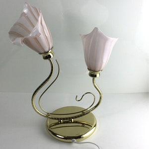 RARE Vintage Murano Glass Pink Calla Lily Lamp, Mid Century Modern Brass Table Lamp, Pink Striped Flowers, Hollywood Regency Accent Light image 4