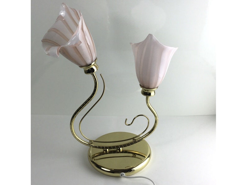 RARE Vintage Murano Glass Pink Calla Lily Lamp, Mid Century Modern Brass Table Lamp, Pink Striped Flowers, Hollywood Regency Accent Light image 4