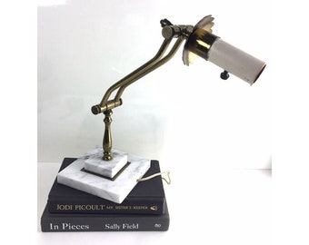 Vintage Adjustable Brass Single Arm Desk Lamp- Square Marble Base Tabletop Light, Bankers Lamp, Brass Flower Decor, Tilt Lamp,