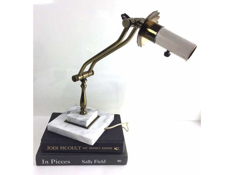 Vintage Adjustable Brass Single Arm Desk Lamp Square Marble Base Tabletop Light, Bankers Lamp, Brass Flower Decor, Tilt Lamp, image 1