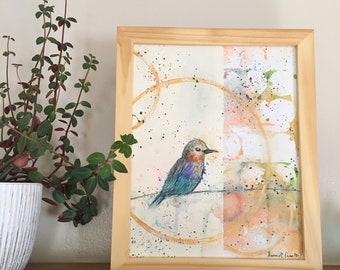 Original Rainbow Bird Painting with Gold Accents, Abstract Bird Art, Small Framed Painting - Colorful Chickadee