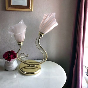 RARE Vintage Murano Glass Pink Calla Lily Lamp, Mid Century Modern Brass Table Lamp, Pink Striped Flowers, Hollywood Regency Accent Light image 1