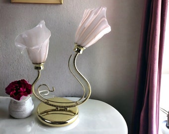 RARE Vintage Murano Glass Pink Calla Lily Lamp, Mid Century Modern Brass Table Lamp, Pink Striped Flowers, Hollywood Regency Accent Light