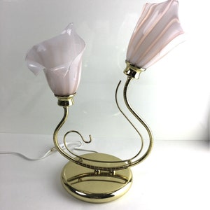 RARE Vintage Murano Glass Pink Calla Lily Lamp, Mid Century Modern Brass Table Lamp, Pink Striped Flowers, Hollywood Regency Accent Light image 3
