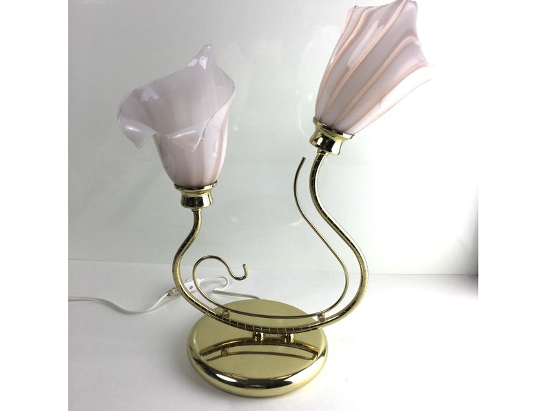 RARE Vintage Murano Glass Pink Calla Lily Lamp, Mid Century Modern Brass Table Lamp, Pink Striped Flowers, Hollywood Regency Accent Light image 3