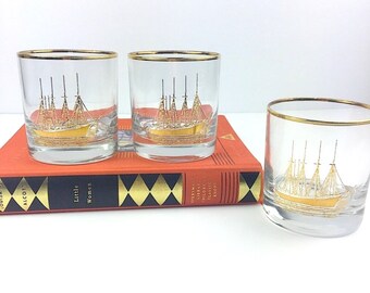 CULVER Whiskey Glasses 22 k Gold Sailboat Low Ball Rocks Vintage Boat Glassware, Schooner Glasses