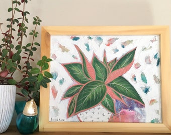 Original Pink and Green Plant Painting, Botanical Wall Art, Framed