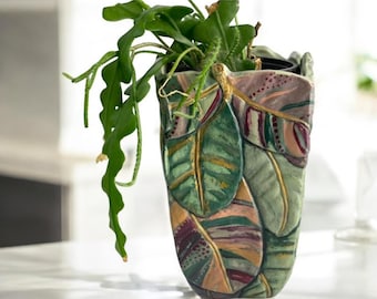 Jarrón Monstera pintado a mano, decoración de hojas tropicales, maceta única