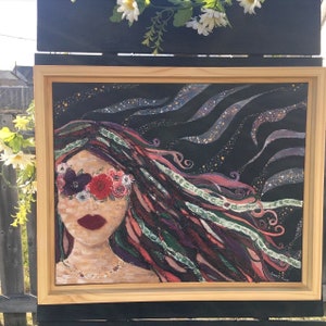 Goddess Painting with Embroidered Flowers, Mother Nature Art, Gaia Artwork, Celestial Female, Divine Feminine Wall Art, Gift for Her