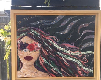 Embroidered Flower Goddess Painting, Mother Nature Wall Art, 22.5x18.5