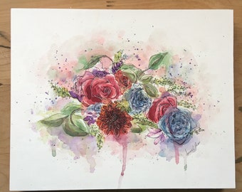 Flower Watercolor Painting Mounted on Wood Canvas - Original Watercolour Bouquet Multicolored Red and Blue 8 x 10