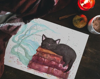 Watercolor Black Cat on Magic Books Art Print Harry Potter Quote It Does Not Do Well to Dwell on Dreams Albus Dumbledore Quote