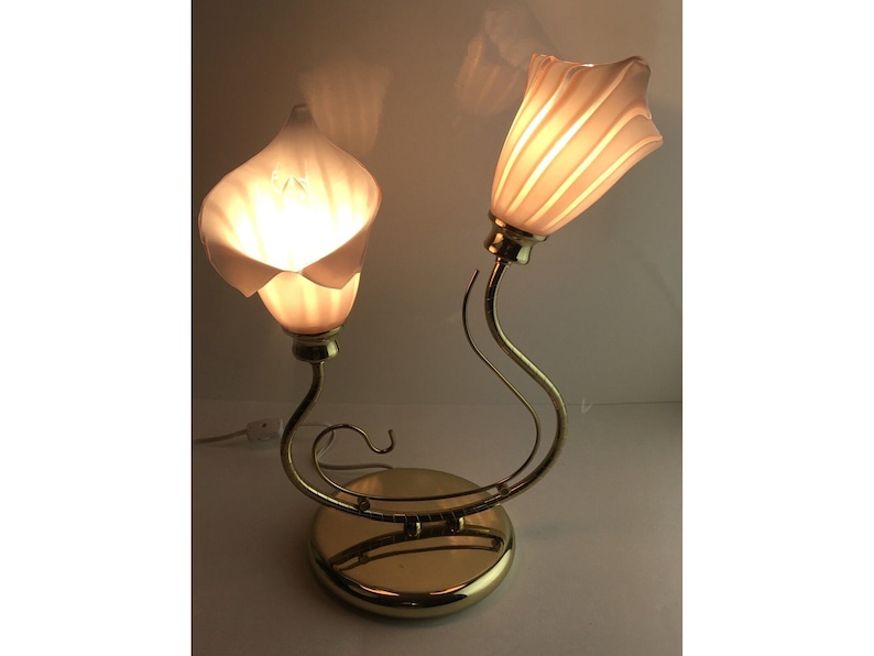 RARE Vintage Murano Glass Pink Calla Lily Lamp, Mid Century Modern Brass Table Lamp, Pink Striped Flowers, Hollywood Regency Accent Light image 2