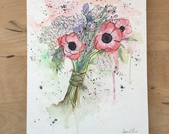 Unique Birthday Gift for Her - Flowers That Never Die- Anemone Flowers Original Watercolour Bouquet 8 x 10