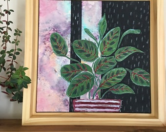 Prayer Plant Painting – Original Acrylic & Ink Art in Floating Wood Frame