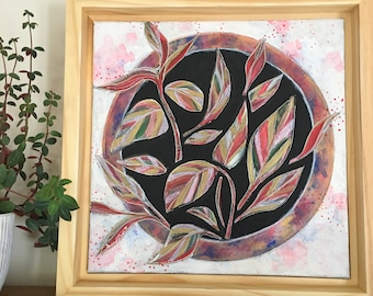 Triostar Stromanthe Painting – Original Boho Plant Art in Wood Floating Frame