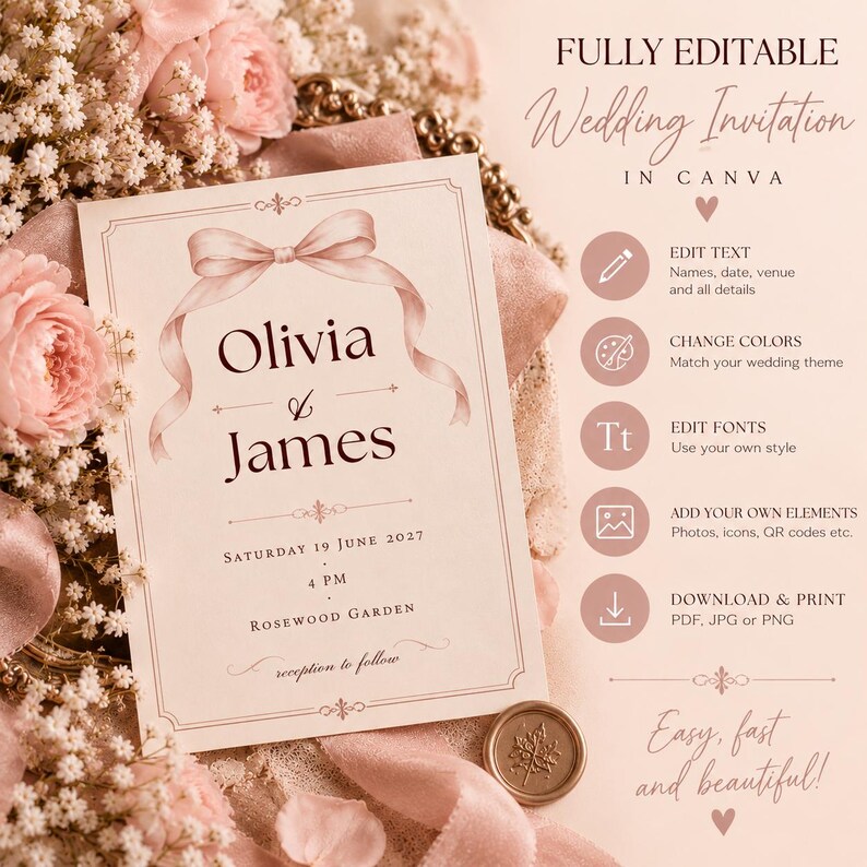 Editable Wedding Invitation Template, Pink Bow, Romantic Coquette ...