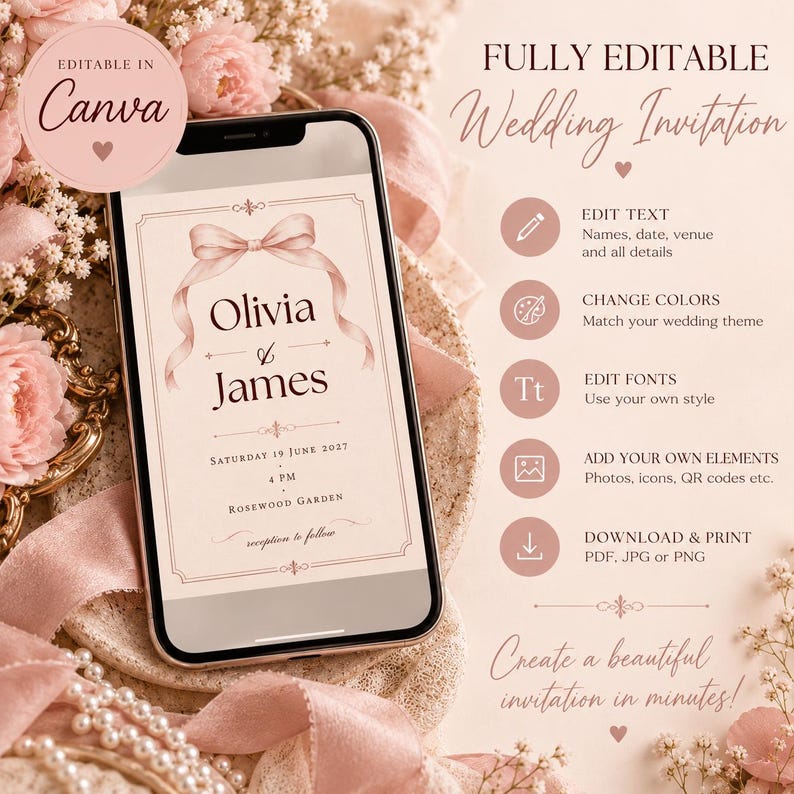 Editable Wedding Invitation Template, Pink Bow, Romantic Coquette ...