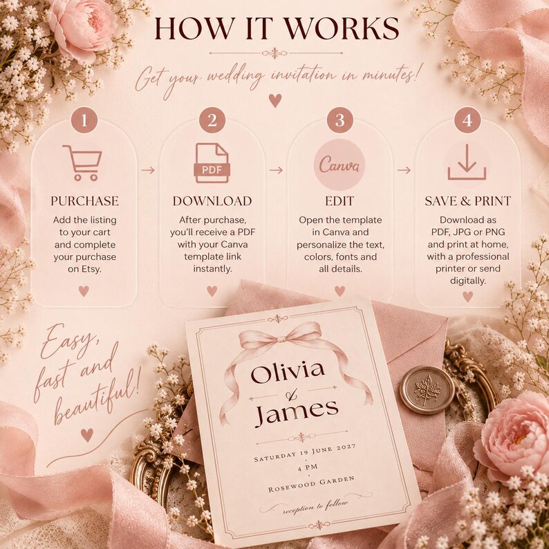 Editable Wedding Invitation Template, Pink Bow, Romantic Coquette ...