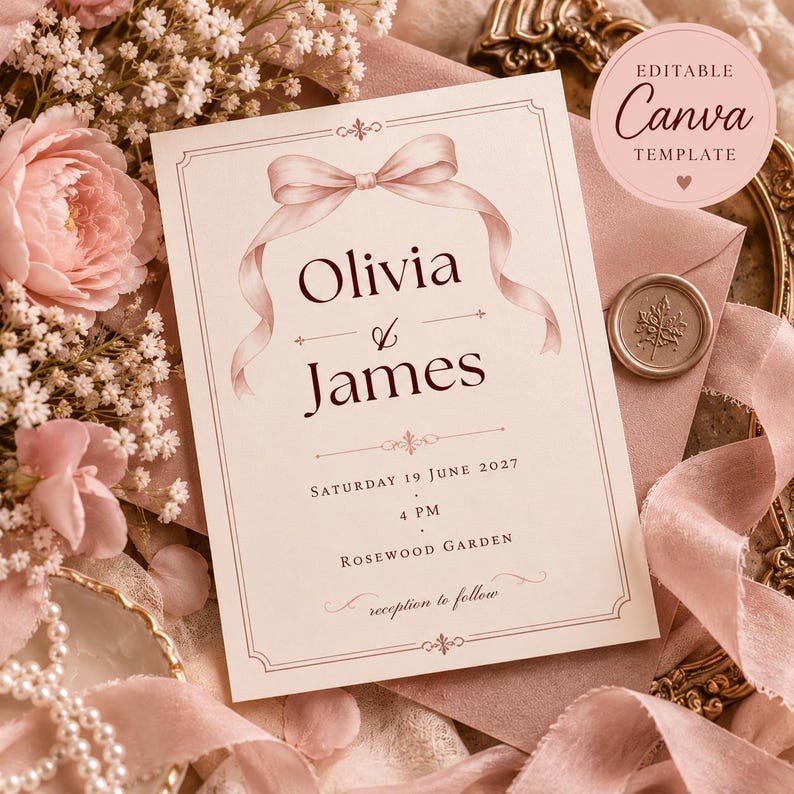 Editable Wedding Invitation Template, Pink Bow, Romantic Coquette ...