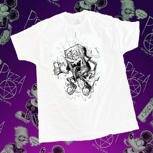 May include: White t-shirt with a black and white illustration of a cartoon character holding a pizza box. The character has a pentagram on its chest and is surrounded by lightning bolts. The text "Eat Pizza Die Young" is printed on the shirt.