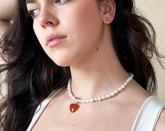 Handmade Freshwater Pearl Stone Heart Charm Necklace