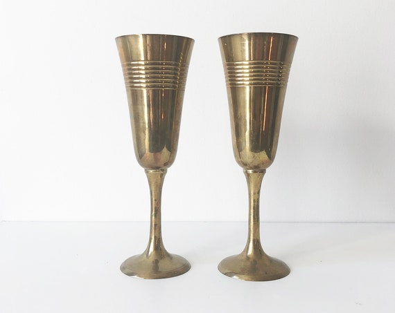 Pair of Brass Champagne Pair of Vintage Brass Glasses - Flutes - Goblets -  Wedding Brass Toasting Glasses - Brass Mid Century Decor 1970s
