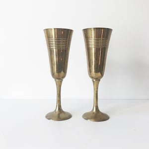 Pair of Brass Champagne Pair of Vintage Brass Glasses - Flutes - Goblets -  Wedding Brass Toasting Glasses - Brass Mid Century Decor 1970s