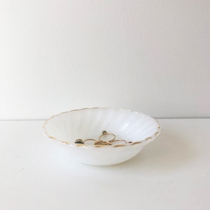 Vintage White Milk Glass Scalloped Shaped Ring Dish or Desert Bowl w/ Gold Rim