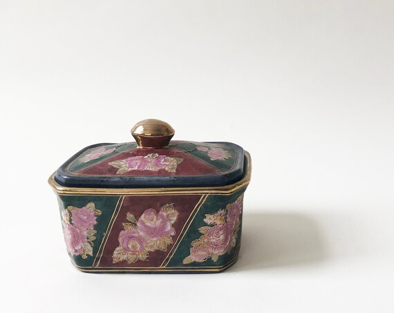 Vintage Ceramic Table Box | Decorative Chinoiserie Storage Jar w/ Lid | Asian Floral Decor | Jewel Tone Pink Jar
