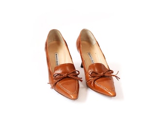 Vintage geflochtene Leder Manolo Blahnik Heels: Schleifenakzent, Holzabsatz (EU 35 1/2)