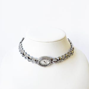 Watch Necklace | Vintage One of a Kind Silver Watch Choker with Diamond Embellishments